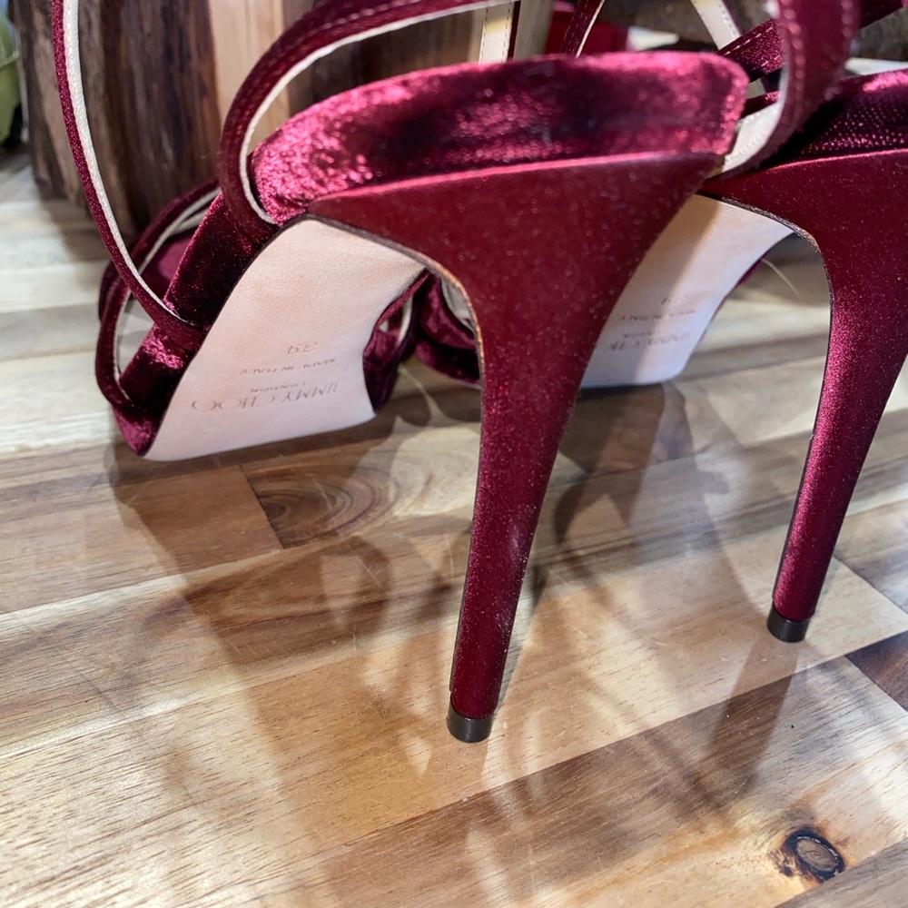 Jimmy Choo Burgundy Velvet And Satin Lola Cross Strap Sandals Size 39 - Picture 9 of 16